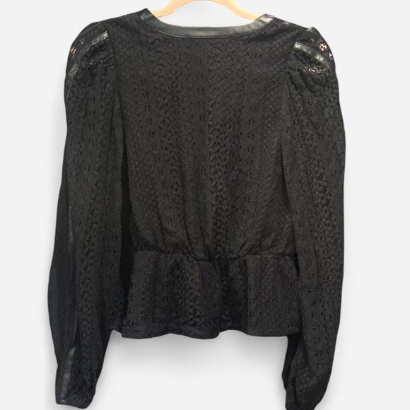 Express Black Lace And Faux Leather Trim Long Sleeve Peplum Top Boho French Chic - Picture 3 of 8